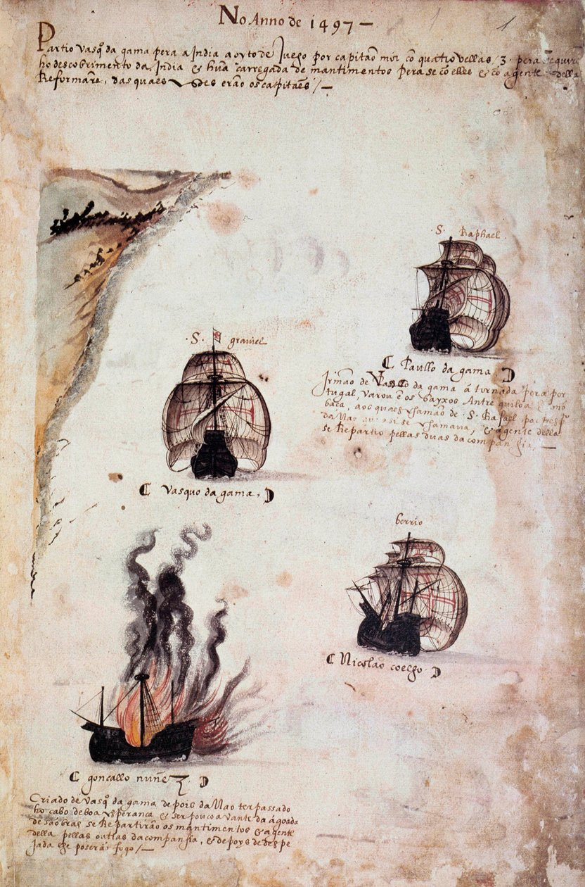 صفحة مخطوطة "" نصب تذكارية لأسطول البرتغال في عهد الملك مانويل الأول (1469-1521) "تمثل الأساطيل البرتغالية لعام 1497. 1523 BN Paris بواسطة المدرسة البرتغالية