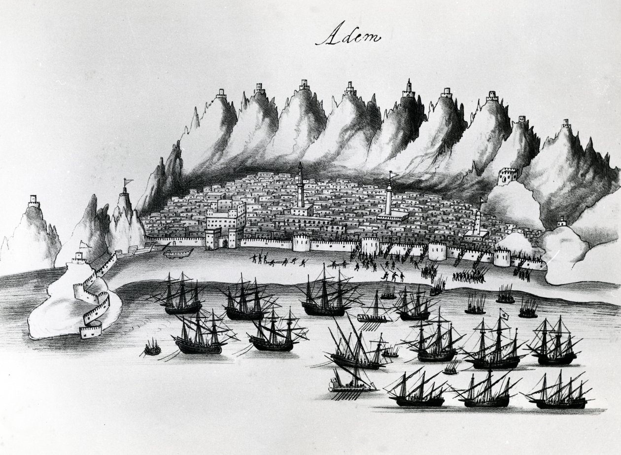 الاعتداء البرتغالي على عدن ، رسم توضيحي من أساطير الهند بواسطة جاسبر كورييا ، c.1858 بواسطة المدرسة البرتغالية