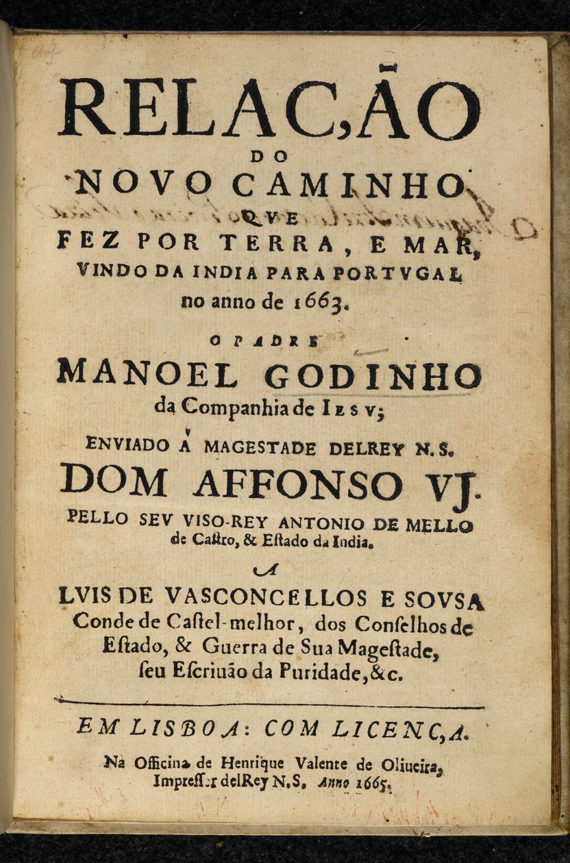 صفحة العنوان لمانويل غودينيو، Relação do Novo Caminho que Fez por Terra e Mar, Vindo da India para Portugal no Ano de 1663، لشبونة: هنريكي فالنتي دي أوليفيرا بواسطة المدرسة البرتغالية