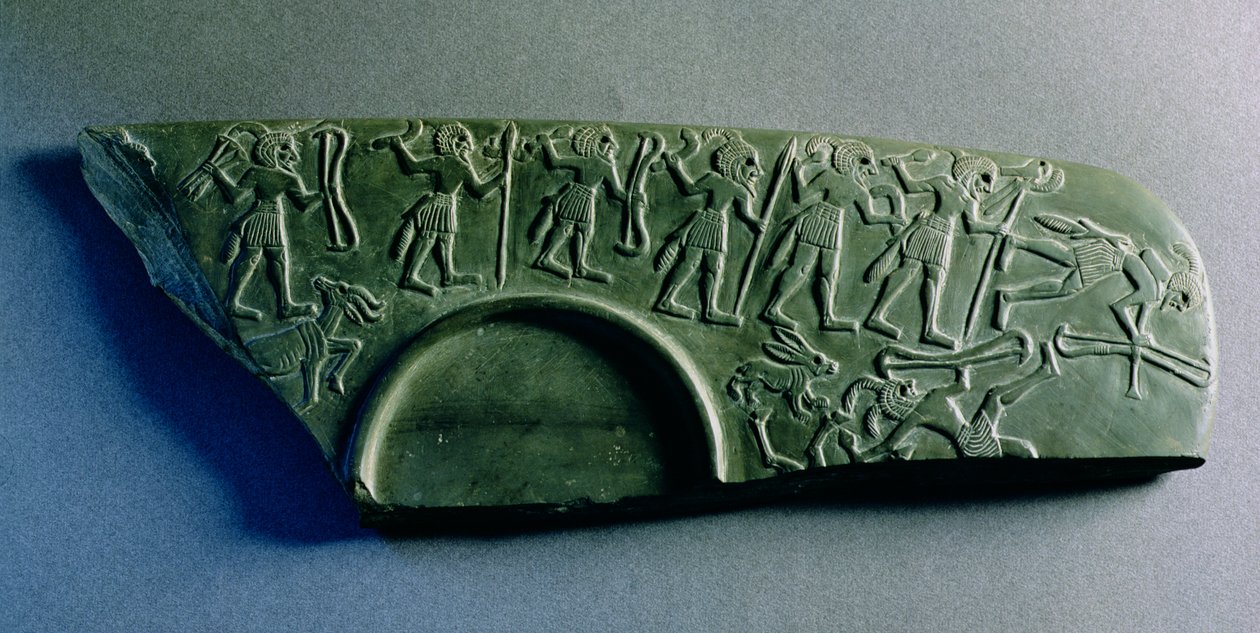 جزء من لوحة بها مشهد صيد ، من أبيدوس ، c.3300-3100 قبل الميلاد (greywacke) بواسطة فترة ما قبل الأسرات المصرية