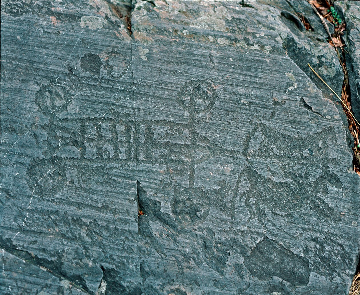 Prehistory: Camunni civilization: a chariot fired by horses, wheels are represented with spokes and horses are in profile in an attempt to prospect. Rock engraving of rock 23 by Naquane (Valcamonica, Val Camonica, Brescia). Period between Neolithic and Bro بواسطة عصور ما قبل التاريخ