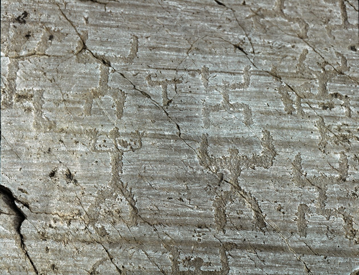 عصور ما قبل التاريخ ، حضارة كاموني ، الفن الصخري: صخرة قبر من تمثيلات منمنمة لشخصيات معروفة باسم "الأورانتس" وذراعها ممتدة نحو السماء. الفترة بين العصر الحجري الحديث والعصر البرونزي. روش ن. 50. Naquane (Brescia) Capo di Ponte، Pa بواسطة عصور ما قبل التاريخ