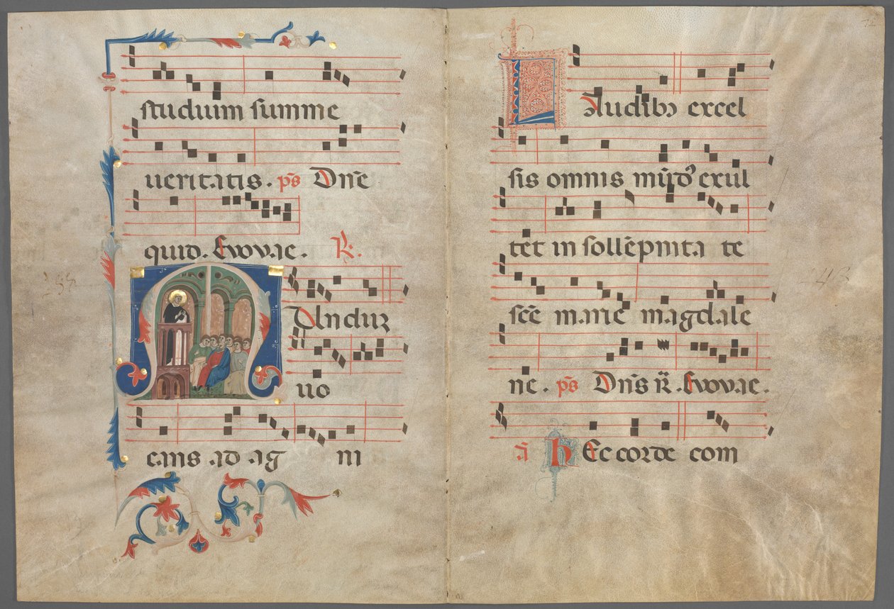Bifolium من Antiphonary: الأولي M مع وعظ القديس دومينيك ، ج. 1320-1340. بواسطة بريمو مينياتور دي سان دومينيكو