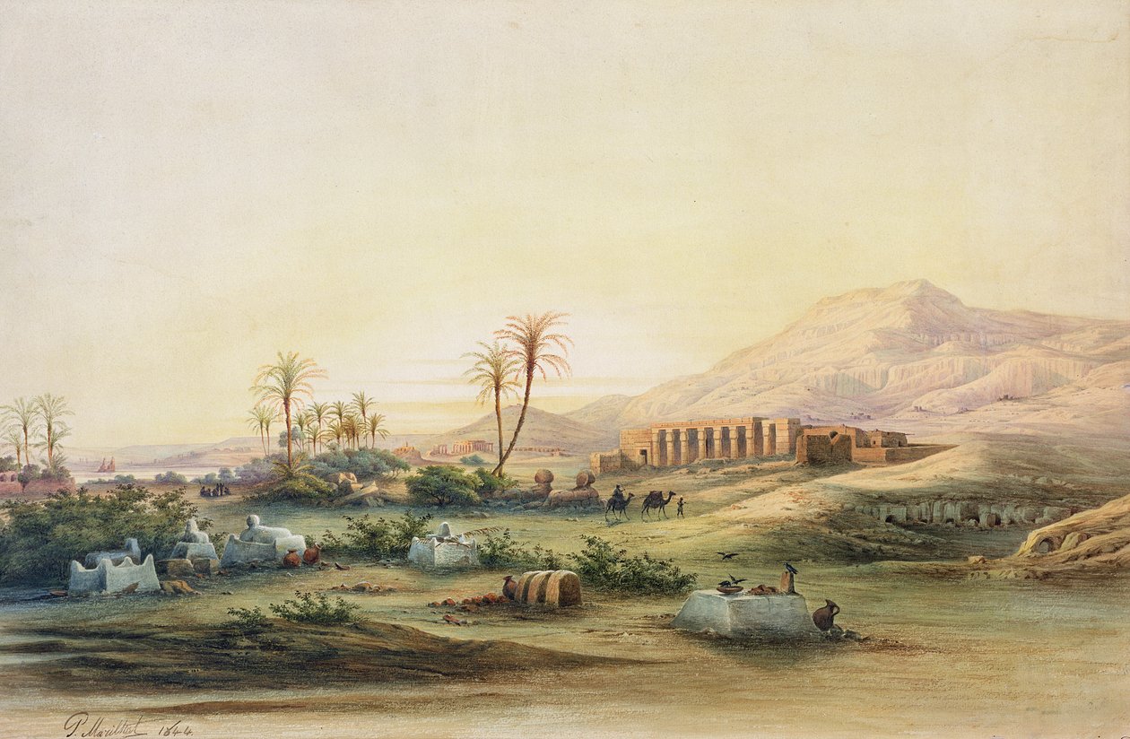 وادي النيل مع أنقاض معبد سيتي الأول ، 1844 (قلم رصاص ومرحاض على الورق) بواسطة الازدهار جورج انطوان ماريلات