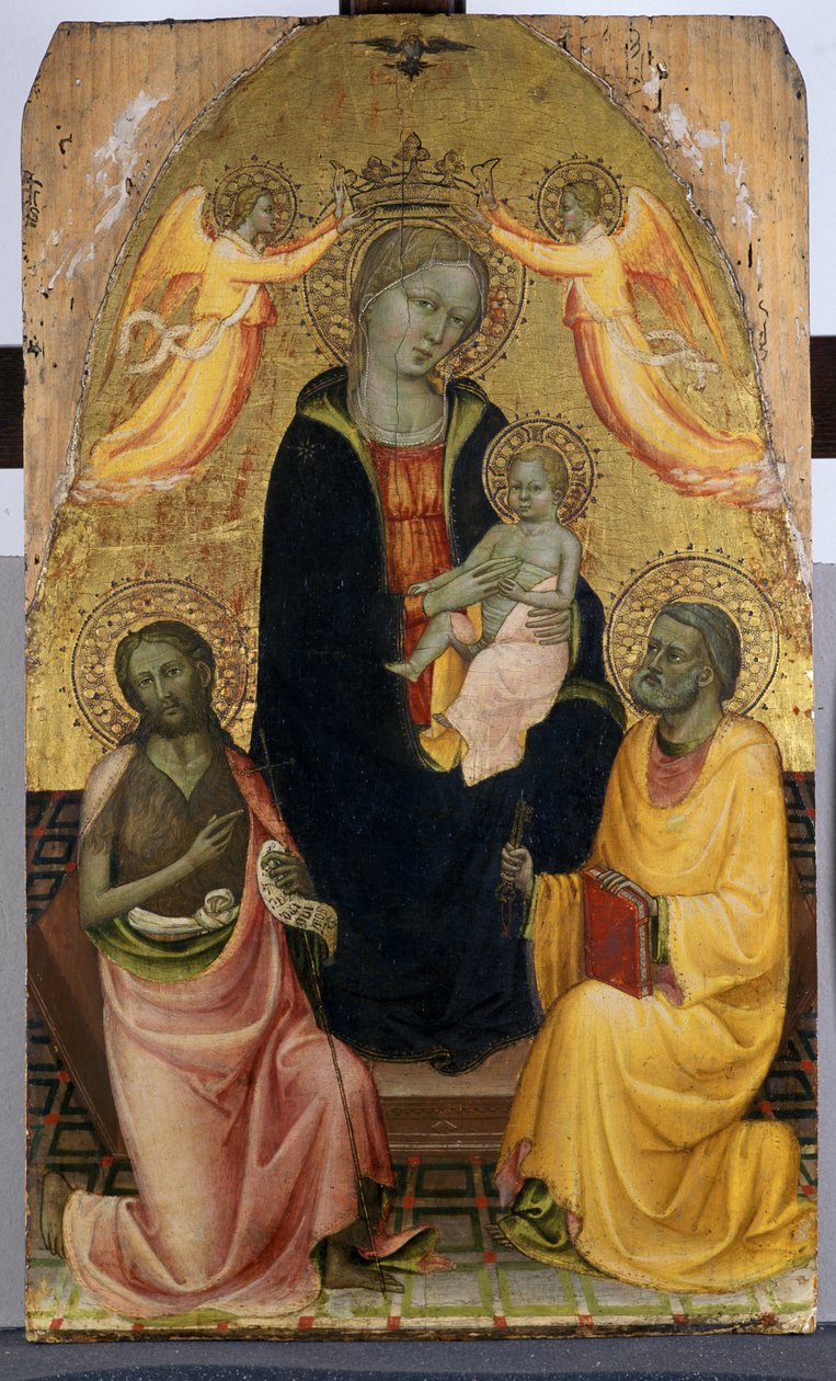 توجت مادونا والطفل المتوجان من قبل اثنين من الملائكة ، يوحنا المعمدان والرسول بيتر ، c.1410-20 (تمبرا على خشب الحور) بواسطة الزائفة بالديس الزائفة بالديس