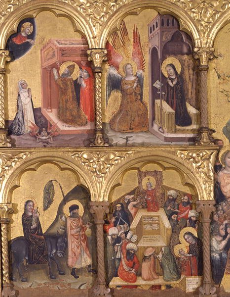 Polyptych of the Dormition of the Virgin، تفاصيل القديس غريغوريوس الكبير (540-604) الصلاة من أجل إنقاذ روح تراجان (53-117) من المطهر ، البشارة ، الهروب إلى مصر ويسوع مع الأطباء ( تمبرا على اللوح) بواسطة Pseudo Jacopino di Francesco