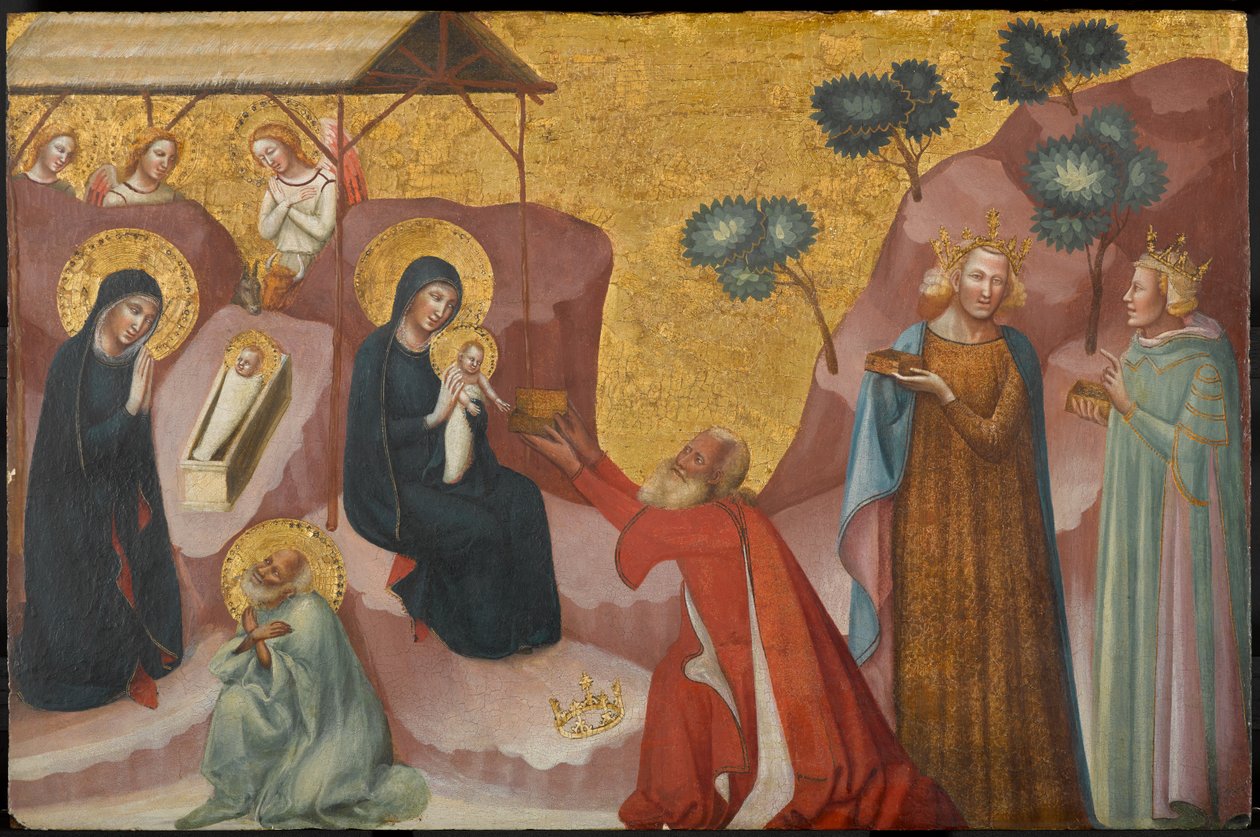 الميلاد وعبادة المجوس ، حوالي 1325-1330 (تمبرا وأوراق ذهبية على اللوح) بواسطة Pseudo Jacopino di Francesco