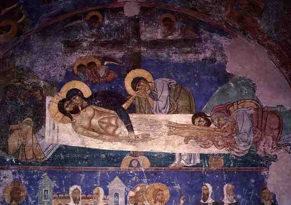 The Mourners at the Cross ، من كاتدرائية تجلي المخلص ، أوائل القرن الثاني عشر (في الهواء الطلق) بواسطة مدرسة بسكوف