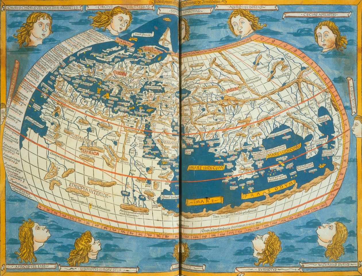 خريطة العالم ، استنادًا إلى الأوصاف والإحداثيات الواردة في "Geographia" التي نُشرت لأول مرة في أولم ، ألمانيا ، 1482 بواسطة بطليموس