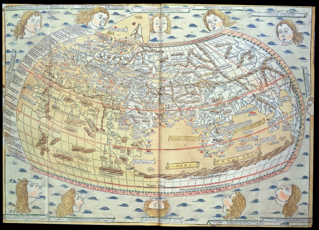 خريطة العالم ، استنادًا إلى الأوصاف والإحداثيات الواردة في "Geographia" ، التي تم نشرها لأول مرة في Ulm ، ألمانيا (نقش ملون باليد) بواسطة بطليموس