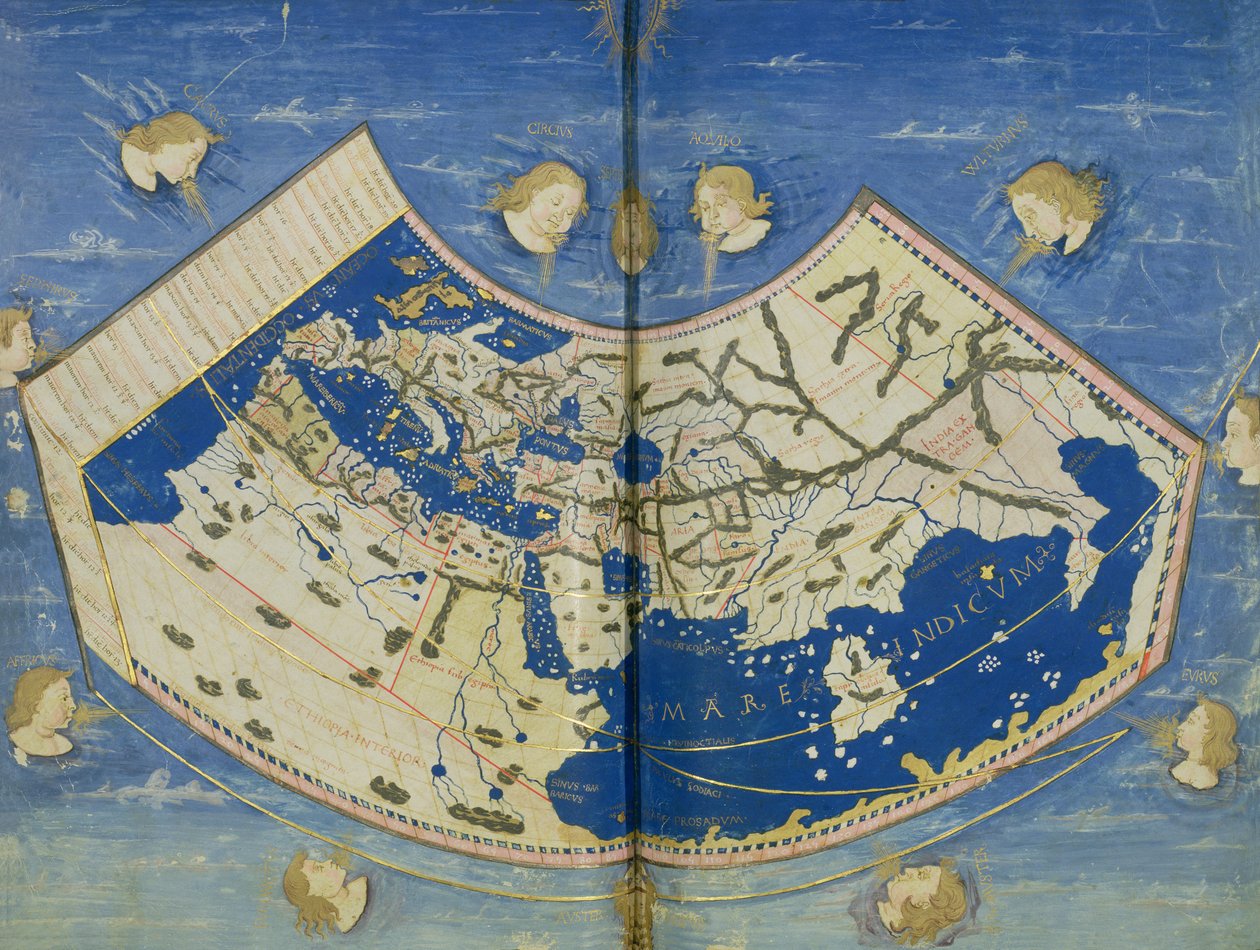 السيدة Lat 463 Fol.75v-76r خريطة العالم مع الرياح الاثني عشر بواسطة بطليموس