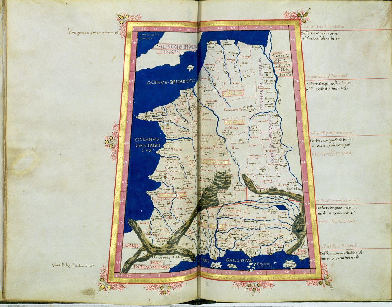 Ms Lat 463 fol.81v-82r خريطة بلاد الغال ، بلجيكا ، ليون وأكيتاين بواسطة بطليموس