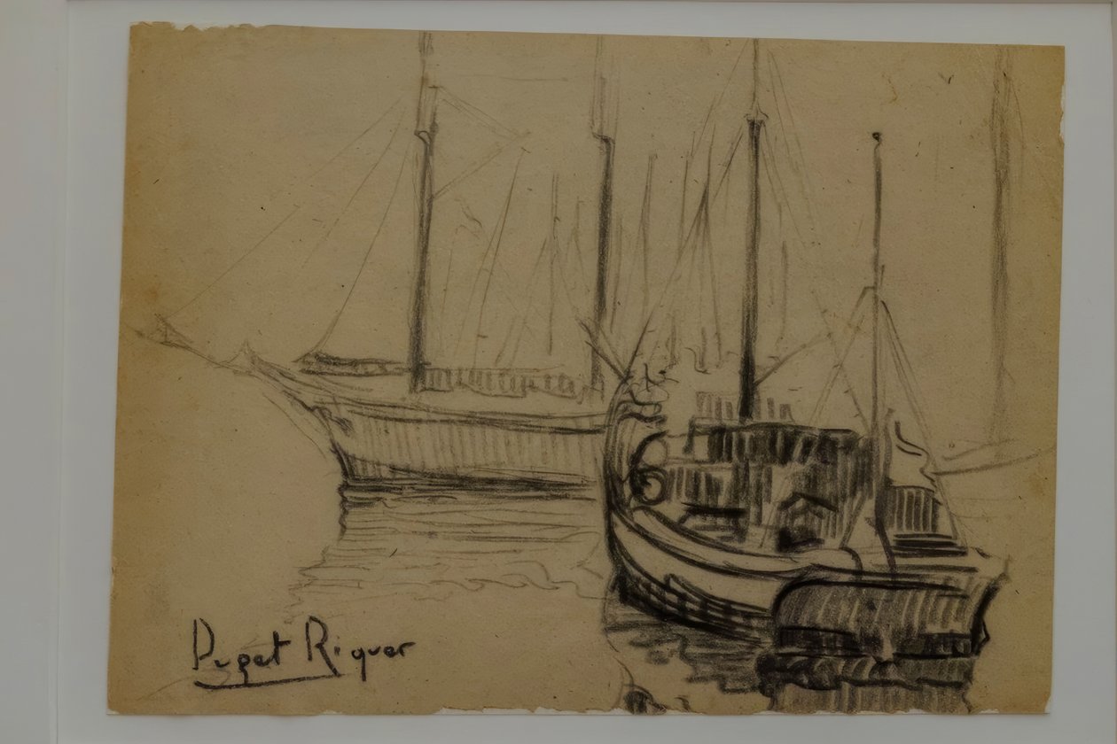 barcos, Narcís Puget Riquer, dibujo al carboncillo, museo Puget, casa noble de Can LLaudis , Dalt Vila, Ibiza, balearic islands, Spain بواسطة بوجيه ريكير