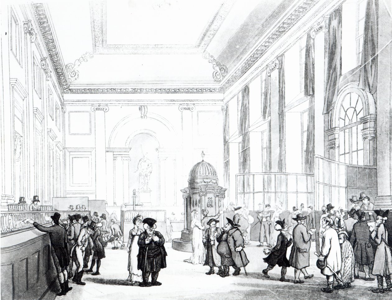 بنك إنجلترا ، القاعة الكبرى ، من "صورة مصغرة لأكرمان في لندن" ، 1809 (أكواتينت) بواسطة بوجين ورولاندسون