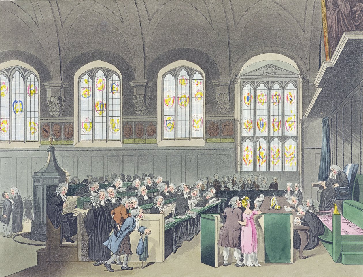 Court of Chancery ، قاعة لنكولن إن ، محفورة من قبل قسطنطين ستادلر (fl.1780-1812) ، 1808 (ألوان مائية) بواسطة بوجين ورولاندسون