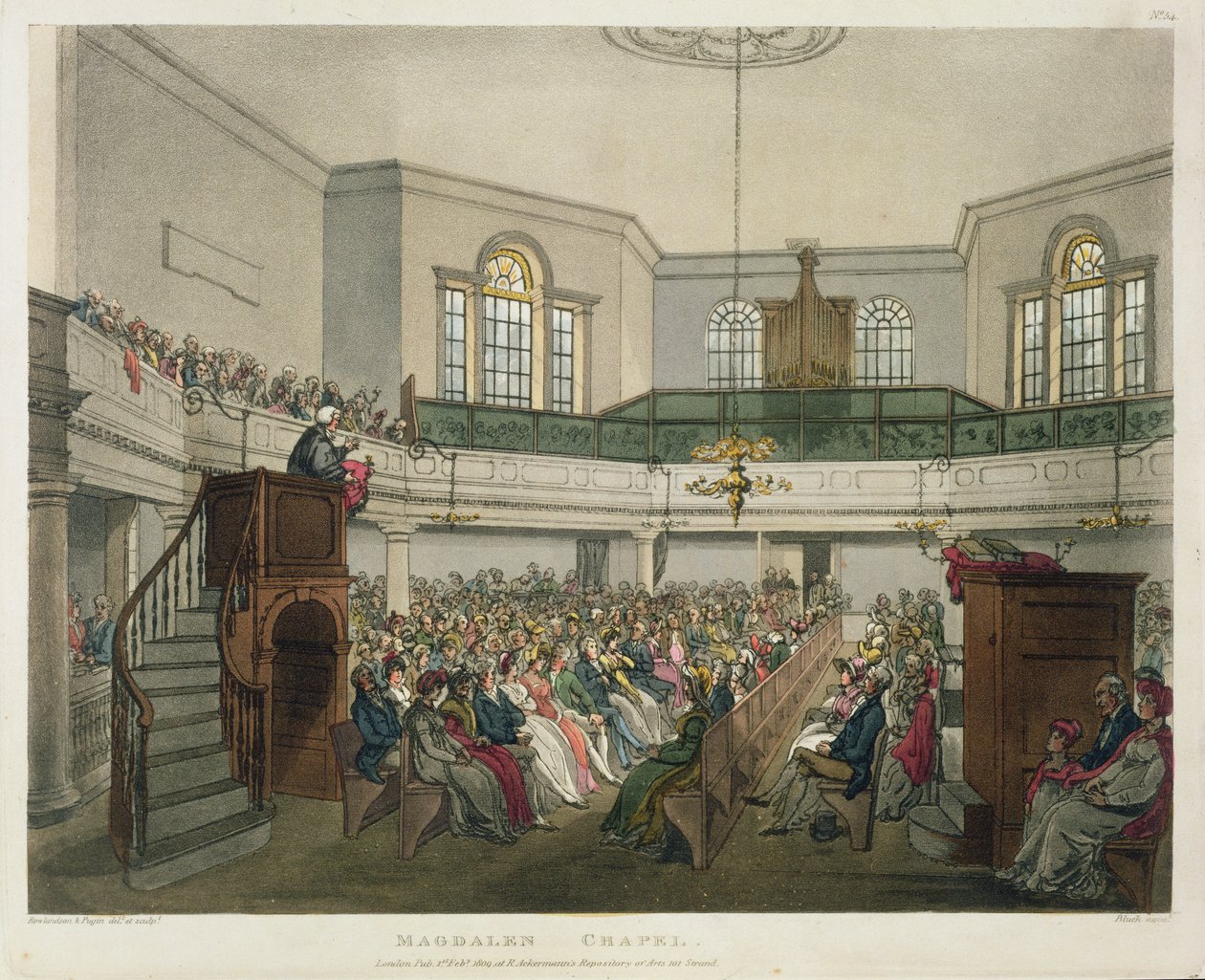 مصلى ماجدالين ، من "العالم الصغير لأكرمان في لندن" ، منقوش بواسطة جون بلوك (fl.1791-1831) ، 1809 (أكواتينت) بواسطة بوجين ورولاندسون