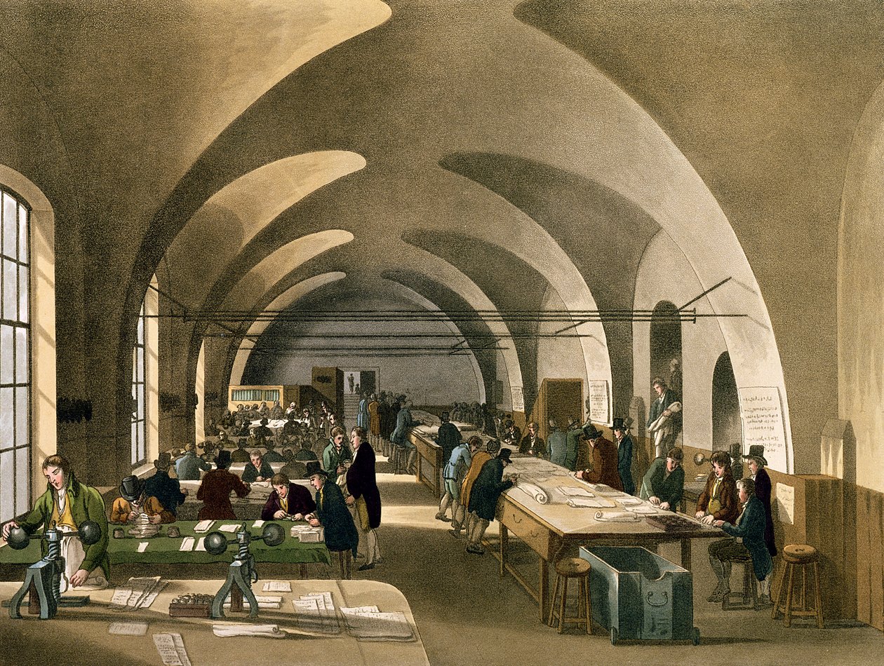 مكتب الطوابع ، سومرست هاوس ، من Ackermann&39;s Microcosm of London (aquatint) بواسطة بوجين ورولاندسون