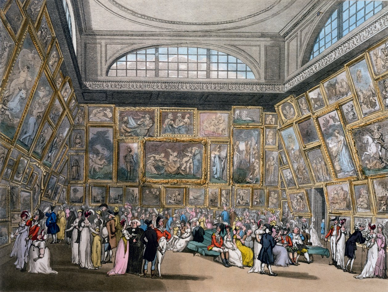 غرفة المعرض في سومرست هاوس ، "مستودع الفنون" بلندن أكرمان ، 1809 (ألوان مائية) بواسطة بوجين ورولاندسون