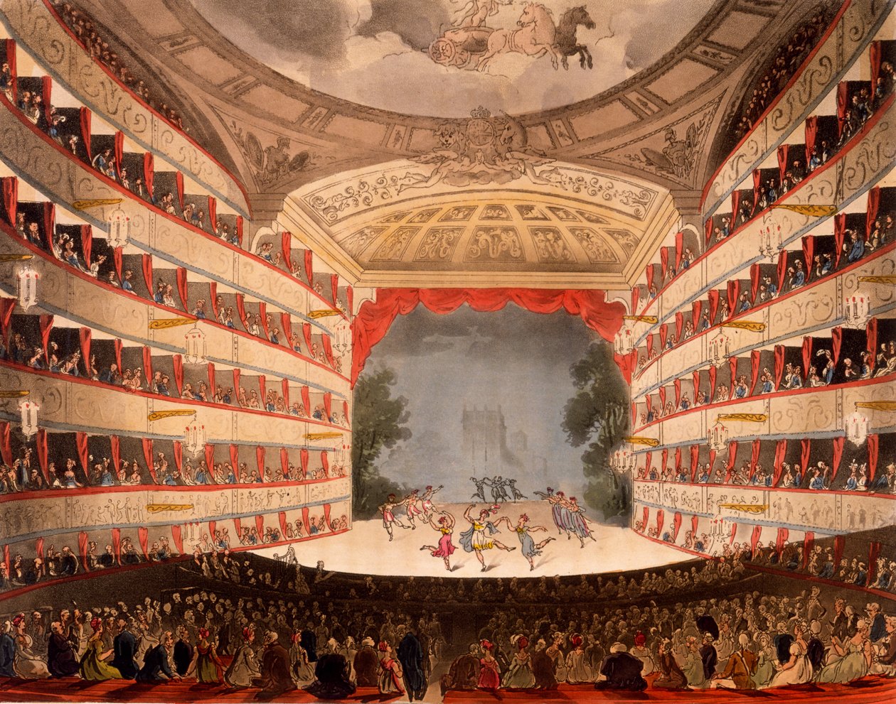 دار الأوبرا ، لندن ، من "مستودع الفنون" التابع لأكرمان ، 1809 (ألوان مائية يدوية) بواسطة بوجين ورولاندسون