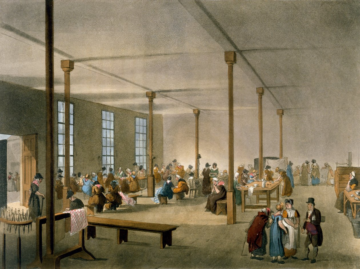 The Workhouse، St James، Parish، London from Ackermann&39;s &39;Repository of Arts&39;، 1809 (aquatint الملونة) بواسطة بوجين ورولاندسون