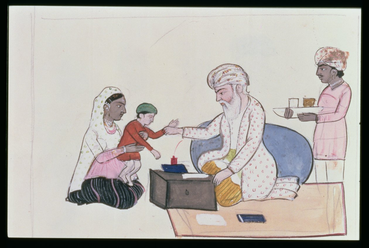 طبيب هندي يفحص المريض ، c.1890 (مرحاض على ورق) بواسطة المدرسة البنجابية