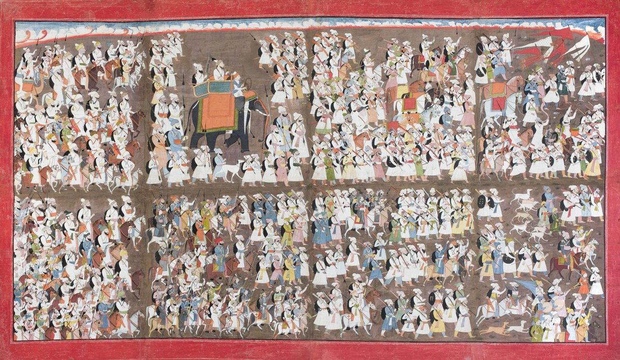 Sansar Chand جالسًا على فيل ، محاطًا بجيش على الأقدام وعلى ظهور الخيل ، c.1790 (مرحاض غير شفاف على الورق) بواسطة بوركو