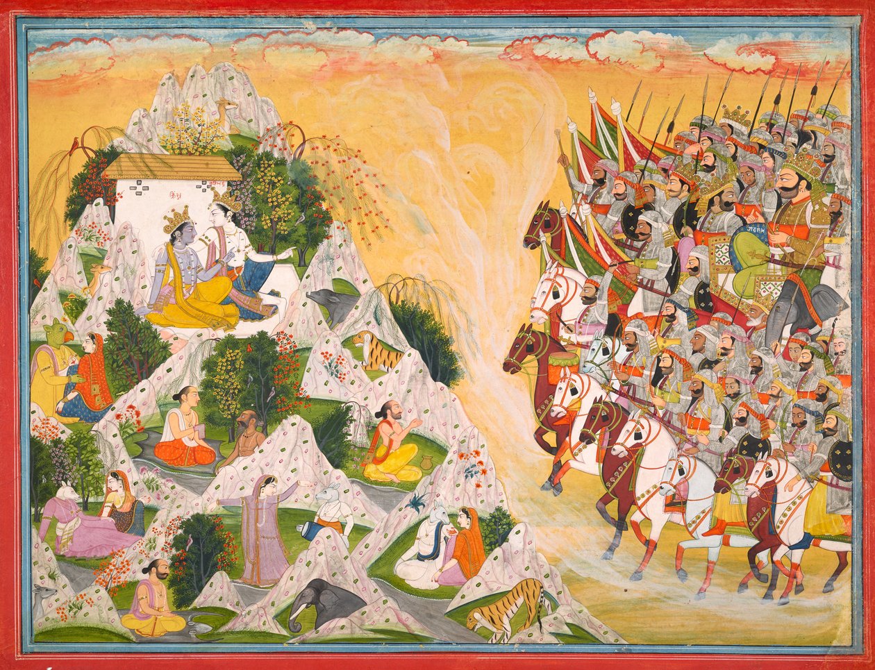 تقدم جيش جراساندها نحو كريشنا وبالاراما ، الورقة من ماهابهاراتا ، c.1800-1815 بواسطة بوركو من كانجرا