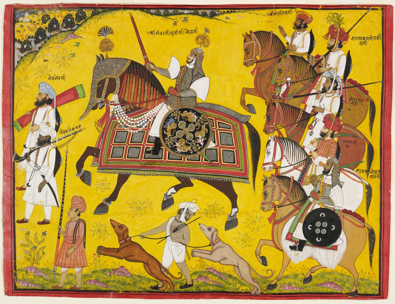 صورة موكب للأمير Bhawani Sing of Sitamau ، 1855 (الغواش والفضة والذهب على الورق) بواسطة Pyara Singh