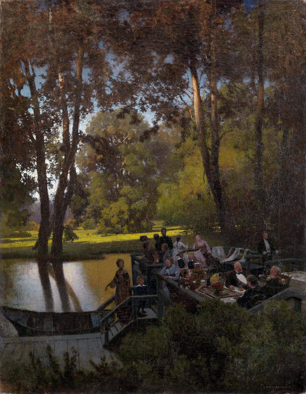"Dejeuner au parc" (غداء في الحديقة) Peinture de Pyotr Alexandrovich Sukhodolsky (Soukhodolsky) (1835-1903) زيت على قماش خافت 61.5x48 سم مجموعة خاصة بواسطة بيوتر ألكسندروفيتش سوخودولسكي