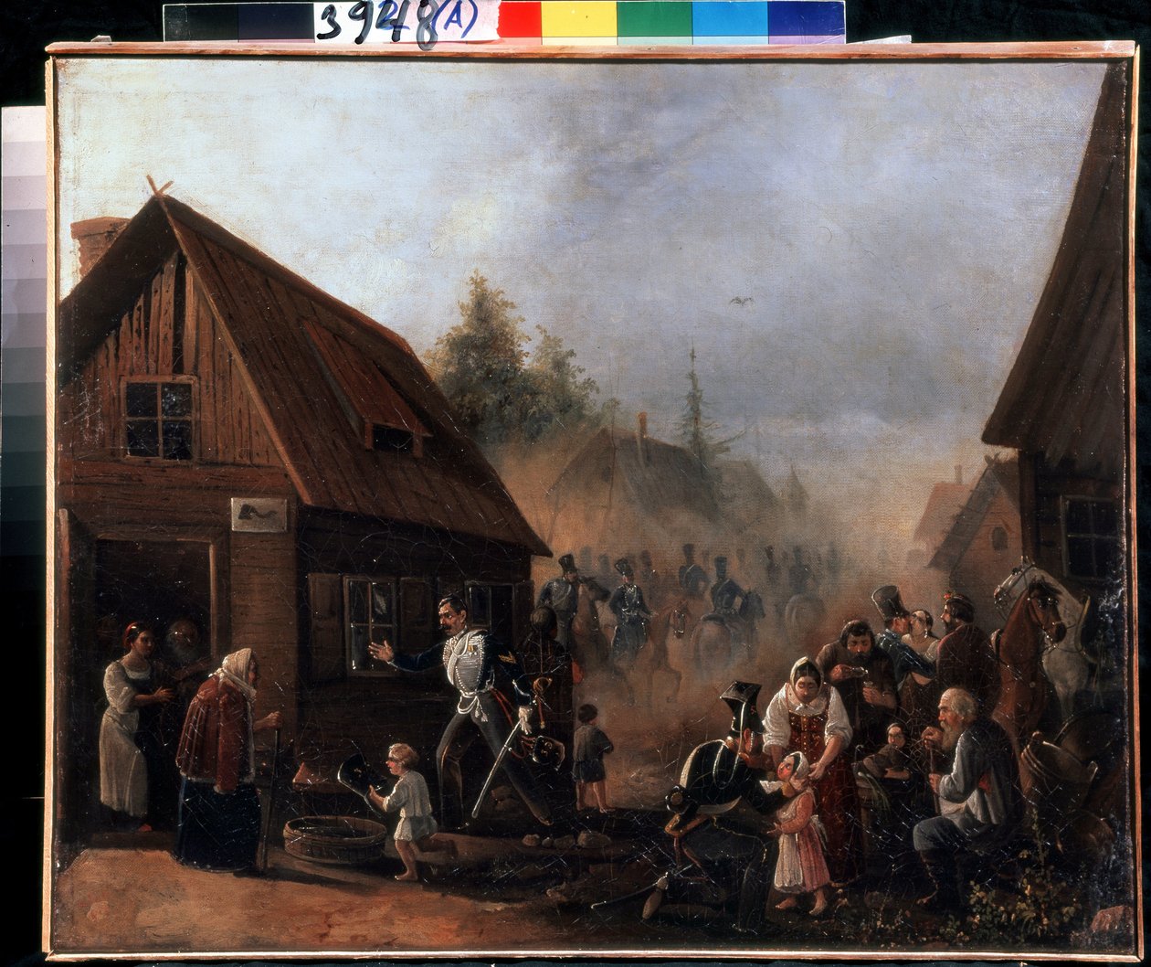 مشهد من الحرب الروسية الفرنسية عام 1812 (مشهد الحرب الروسية الفرنسية عام 1812). لوحة لبيوتر إيليتش بايكوف (1817-؟). زيت على قماش ، ٤٥.٣ × ٥٥.٥ سم بواسطة بيوتر بايكوف