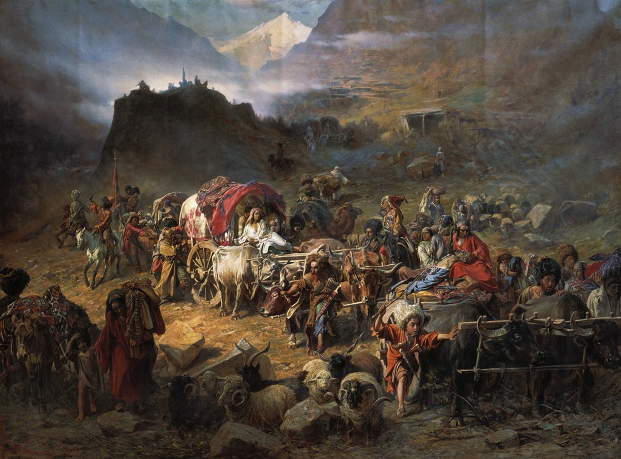 يغادر متسلقو الجبال المرمى قبل اقتراب الجيش الروسي ، 1872 بواسطة Pyotr Nikolayevich Grusinsky