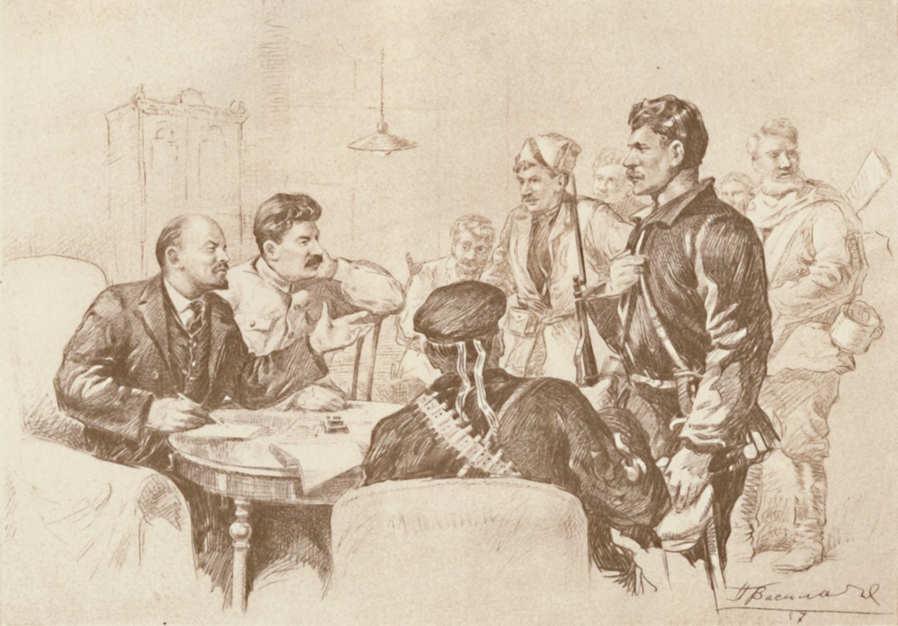 لينين وستالين يتحدثان إلى الحرس الأحمر في سمولني ، 1917 ، 1939. بواسطة Pyotr Vasilyev