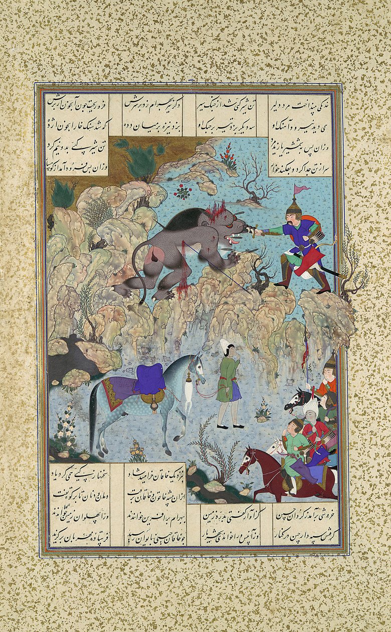 بهرام تشوبينا يذبح الأسد القرد ، ورقة 715v من شاهنامه كتاب الملوك ... ، ج 1530-35 بواسطة قاسم بن علي