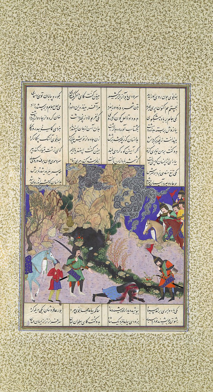 الدورة الرابعة لإسفنديار: يقتل ساحرة ، ورقة 435v من الشاهنامه ... ، كاليفورنيا. 1525-30. بواسطة قاسم بن علي