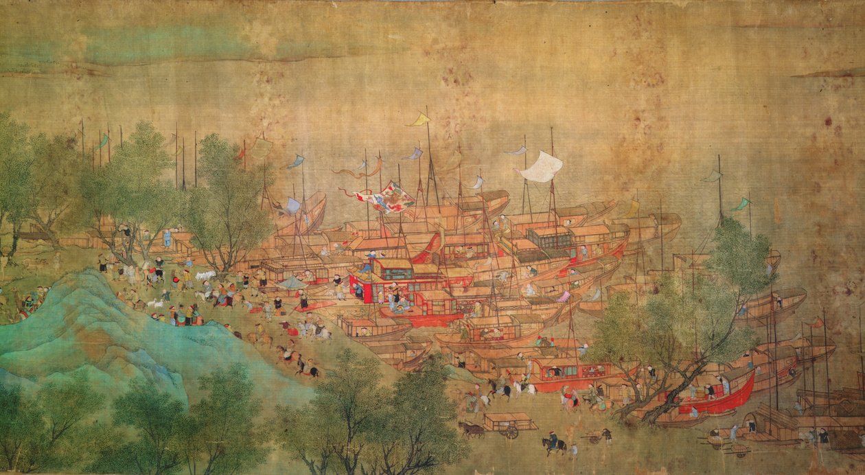 جولة الإمبراطور كانغ شي في كيانغ هان في عام 1699 ، بعد تشايو بينغ تشين (1661-1722) (حبر ولون على ورق مدعوم بالحرير) بواسطة اسرة تشينغ الصينية