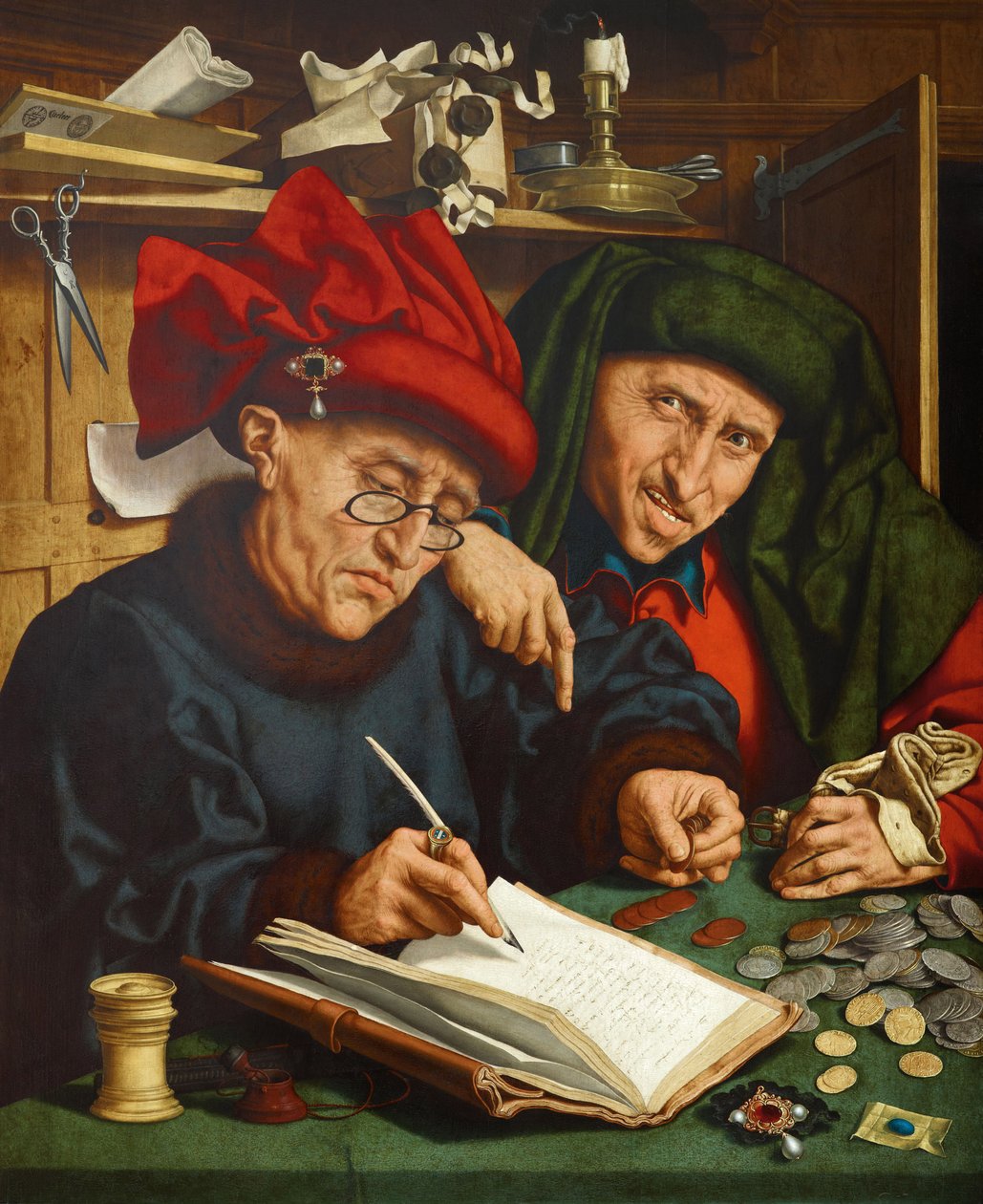 جامعي الضرائب. (جامعو الضرائب) لوحة لكوينتين ميتسيس (أو كوينتين ماتسيس) (1466-1530) ، زيت على خشب ، حوالي 1520. الفن البدائي الفلمنكي بواسطة كوينتين ماسيس أو ميتسيس