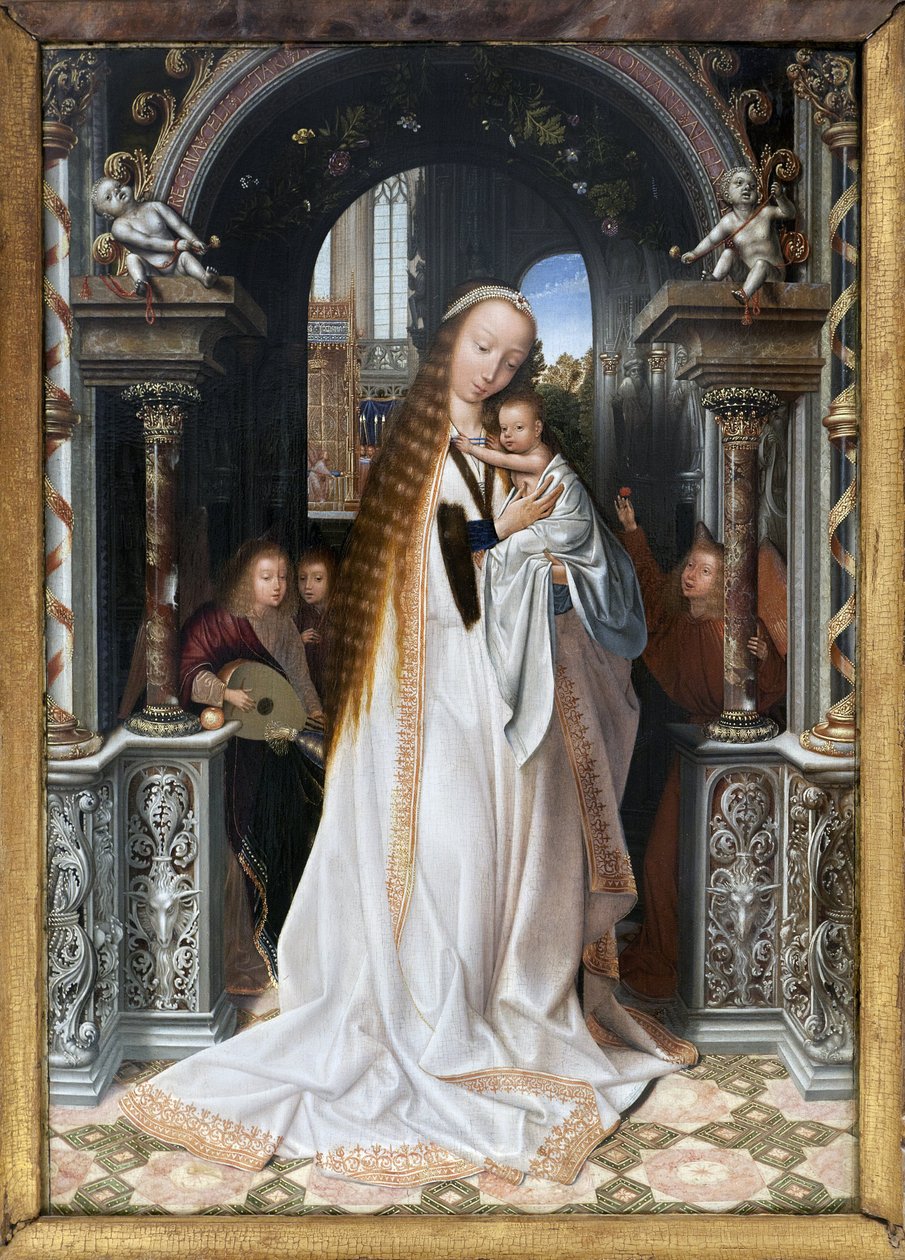 العذراء والطفل محاطان بالملائكة ، رسم كوينتين ميتسيس (1466-1530) ، تصوير ، كيم يونغتاي ، ليون ، متحف الفنون الجميلة في ليون. بواسطة كوينتين ميتسيس