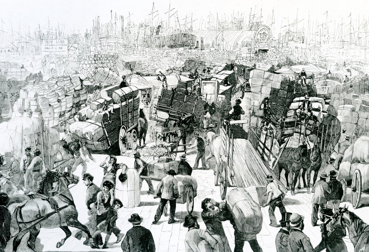 منظر من الشارع الغربي للنشاط التجاري في ميناء نيويورك ، c.1880 بواسطة Quevero