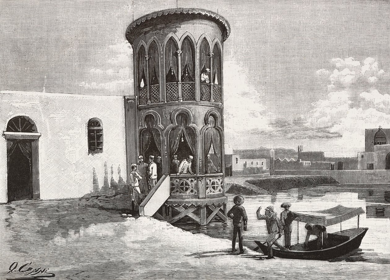 برج صغير مغاربي يستضيف نادي الضباط الإيطاليين ، مصوع ، إريتريا ، نقش من رسم بقلم كوينتو سيني ورسم تخطيطي لبيراجوستيني ، من L'Illustrazione Italiana ، السنة 12 ، رقم 43 ، 25 أكتوبر بواسطة كوينتو سيني