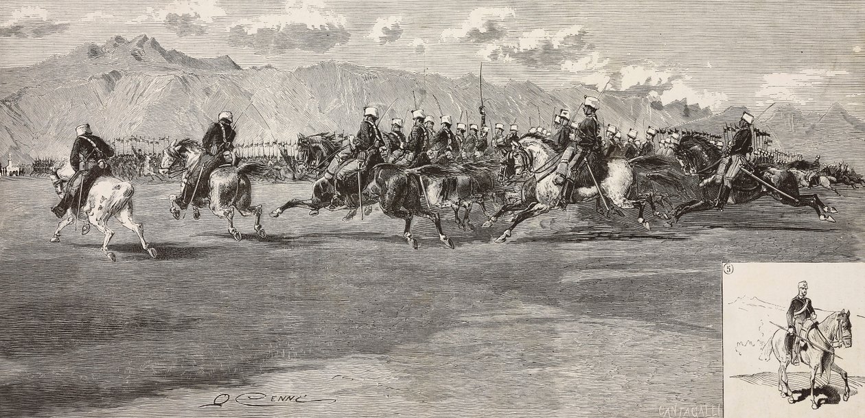 Cavalry exercises on 17 September, with lancer on right, Pordenone, Italy, engraving by Cantagalli from drawing by Quinto Cenni, from L