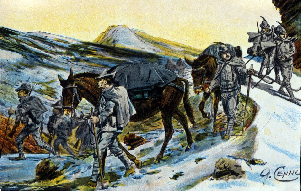 الحرب العالمية الأولى: مجموعة من صيادي جبال الألب الإيطاليين اعترافًا ببغالهم في عام 1915. رسم بواسطة كوينتو سيني (1845-1917) بواسطة كوينتو سيني