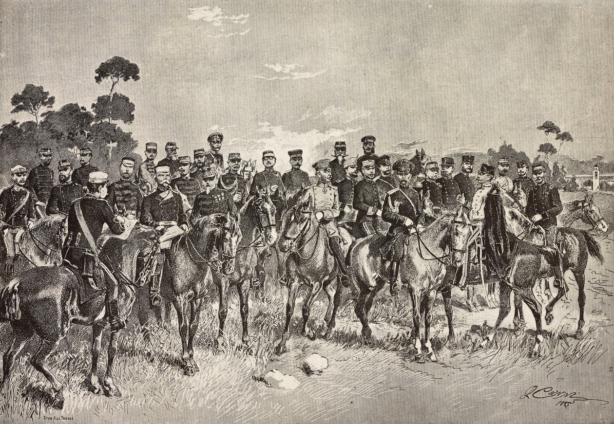 Foreign armies officers visiting Italian soldiers in Lombardy, Italy, engraving from a drawing by Quinto Cenni, from L