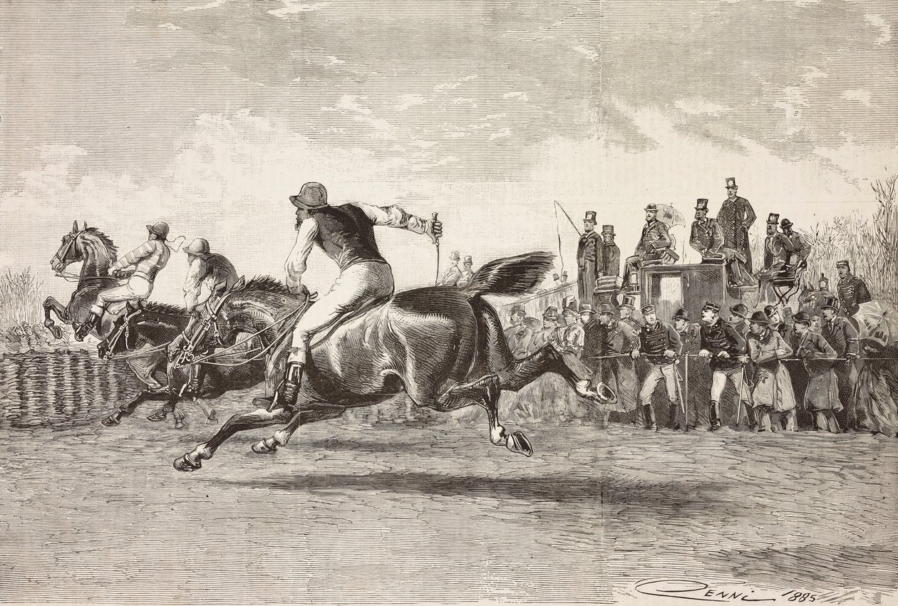 Horse race at park of Villa Arconati, Castellazzo, Italy, engraving from drawing by Quinto Cenni, from L