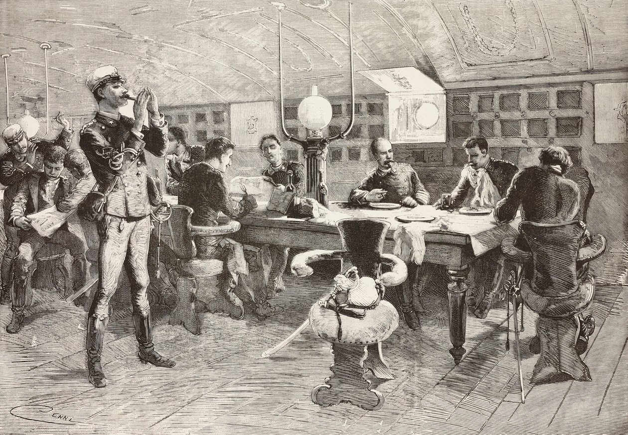 Italian officers inside cabin on ship Gottardo, Italian expedition in Red Sea, engraving from drawing by Quinto Cenni and sketch by Dante Paolocci, from L