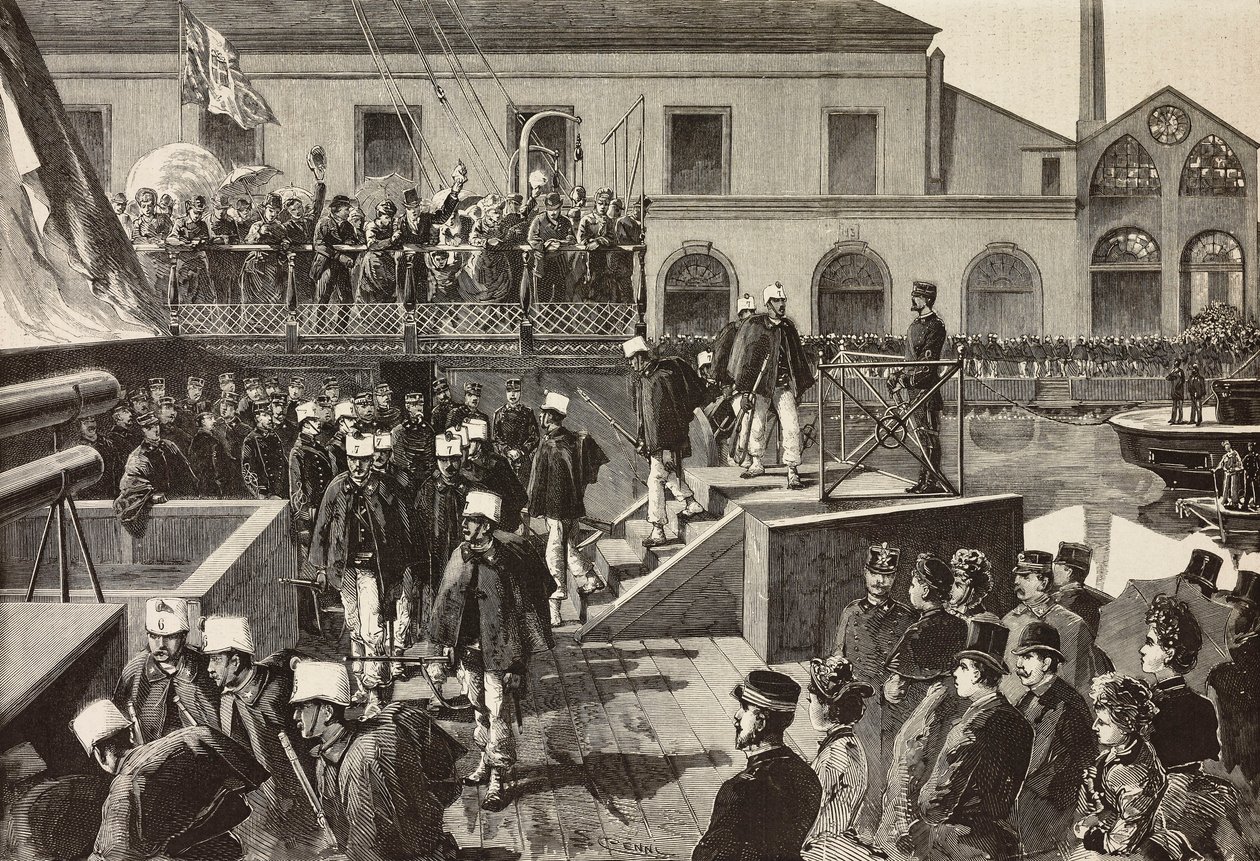 Italian soldiers boarding ship Washington, Naples, Italy, third Italian expedition in Red Sea, engraving from drawing by Quinto Cenni and sketch by M Del Don, from L
