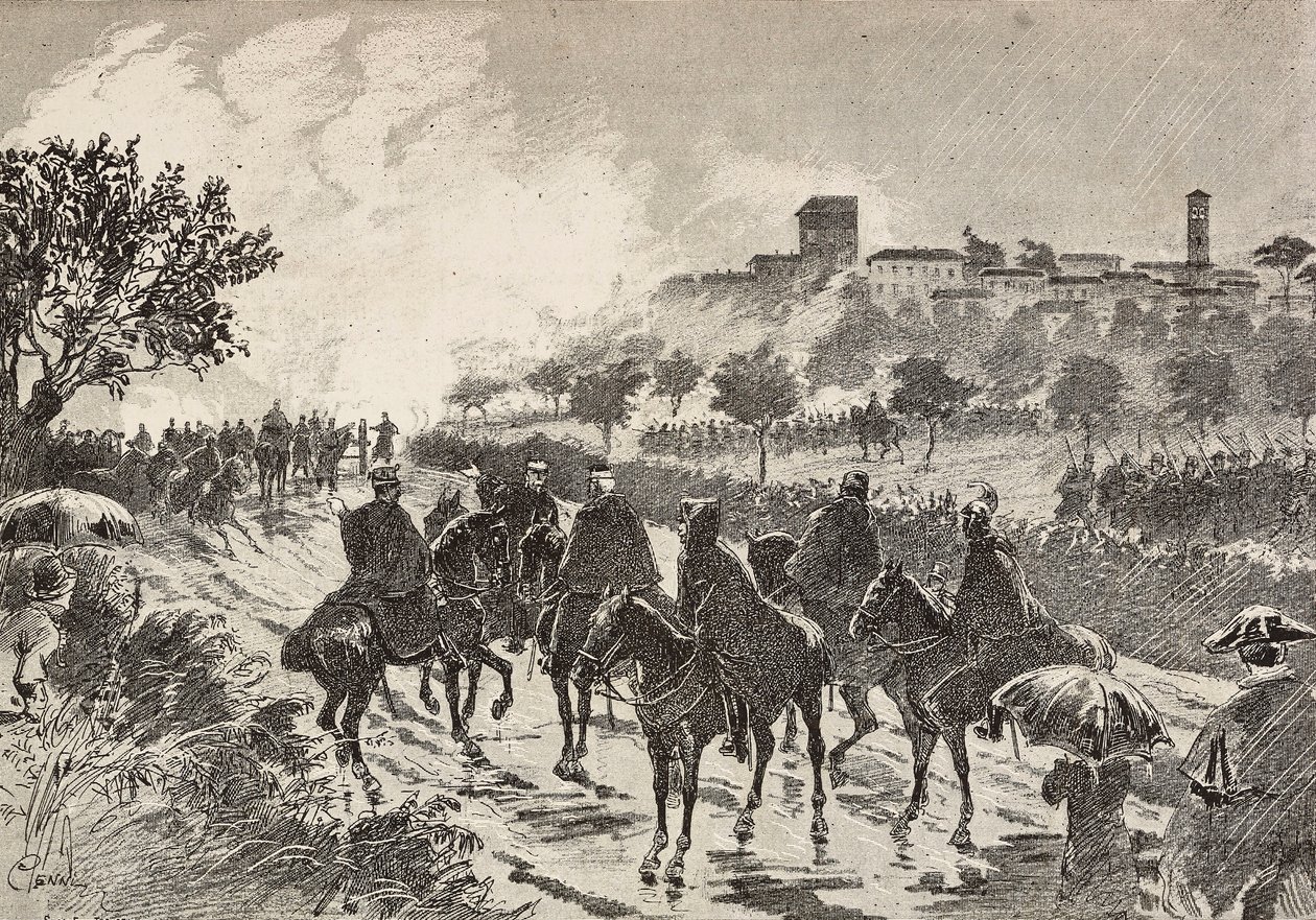 Italian soldiers on horseback moving from Copreno to Cermenate, Italy, engraving from a drawing by Quinto Cenni, from L