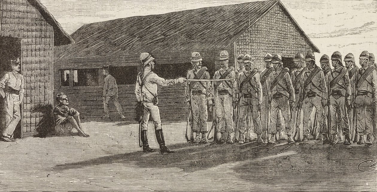 Italian soldiers standing in formation, Massawa, Eritrea, engraving from a drawing by Quinto Cenni and a sketch by Pieragostini, from L