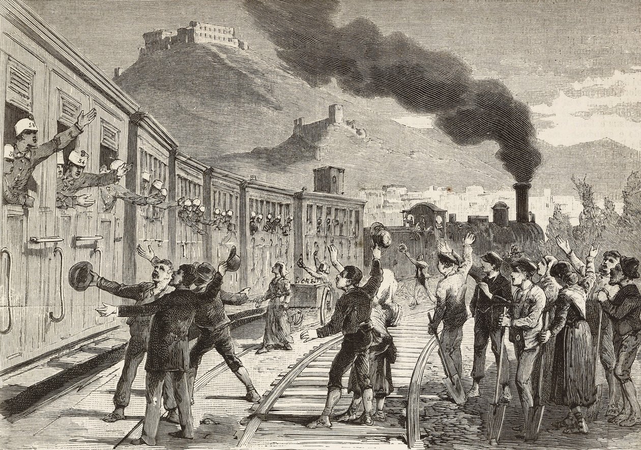 Men and women saying goodbye to Italian soldiers leaving from Cassino railway station, Italy, engraving from drawing by Quinto Cenni and sketch by M Dal Don, from L
