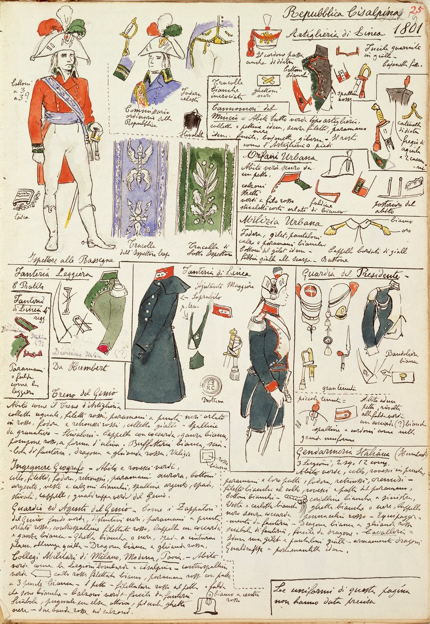 الزي العسكري في وقت جمهورية كيسالبين من عام 1801. لوحة ملونة من تصميم Cenni Quinto بواسطة كوينتو سيني