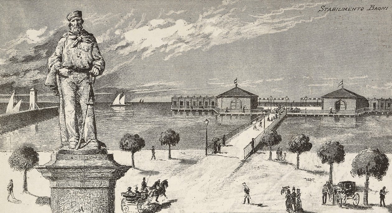 نصب تذكاري لذكرى جوزيبي غاريبالدي (1807-1882) ، سياسي إيطالي ووطني ، ومؤسسة للاستحمام في الخلفية ، سيسيناتيكو ، إيطاليا بواسطة كوينتو سيني